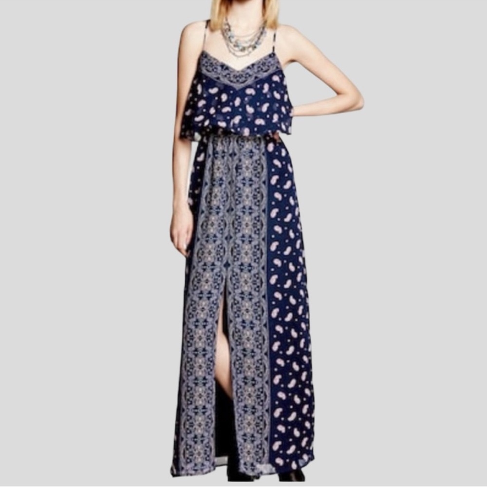 Vera Wang Princess Maxi Dress Front High Slit Strappy Back Navy Paisley